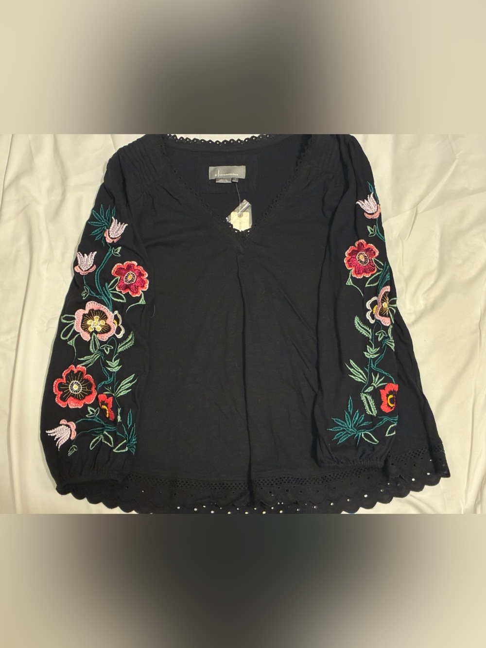 Anthropologie Black V‑Neck Blouse with Multicolor Floral Sleeve Embroidery